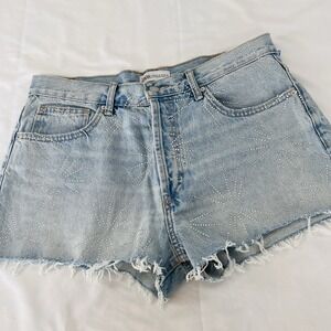 ZARA TRF DENIM MID-RISE RHINESTONE SHORTS Size US 10 Light Wash Raw Hem Firework